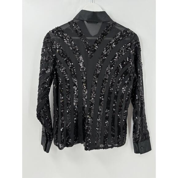 Samuel Dong Blouse Set Womens Small Black Sequins Floral Sheer 2 Piece Buttons - Picture 7 of 16